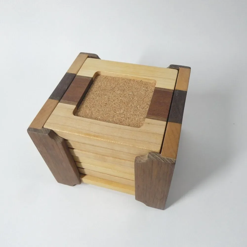 Handmade Wooden Coasters Set 6 w/Holder Handcrafted Signed Artisan Woodworking - Picture 2 of 10